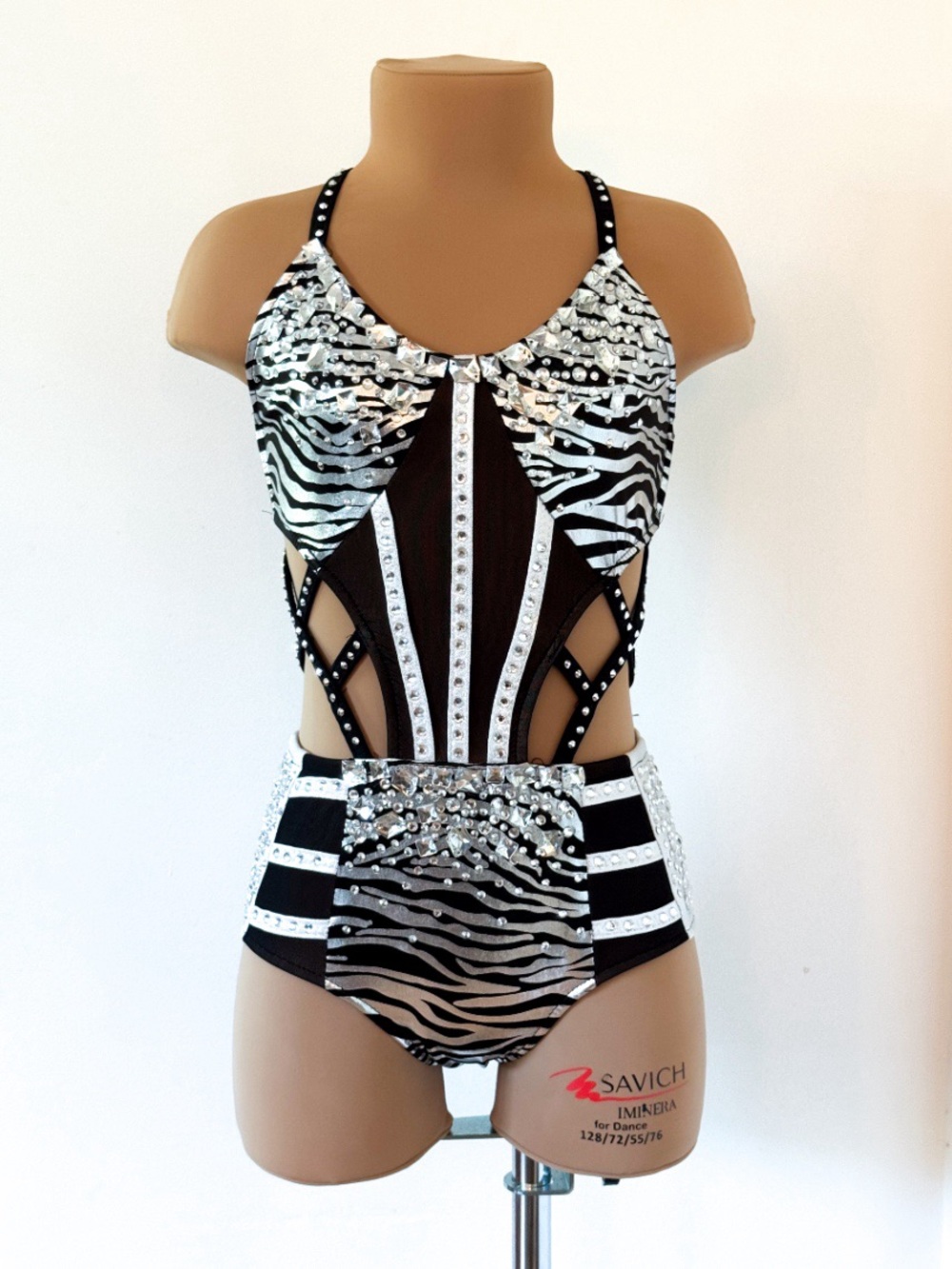 Glamour Child Large Black & White Zebra Kids One-Piece Dance Costume